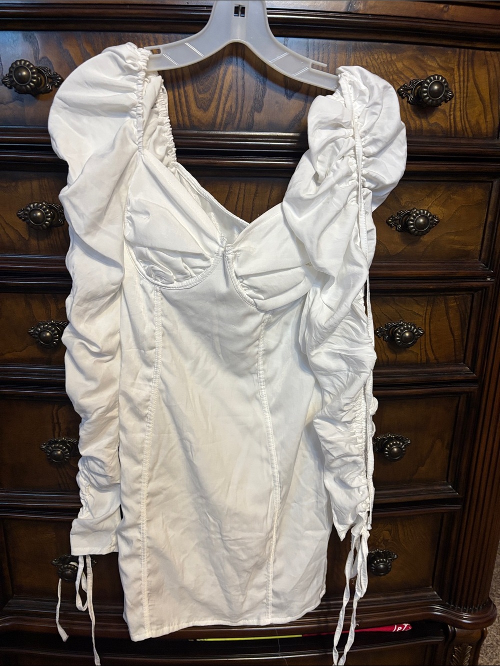 Pretty little thing White Ruched Puff Sleeve Mini Dress size 10